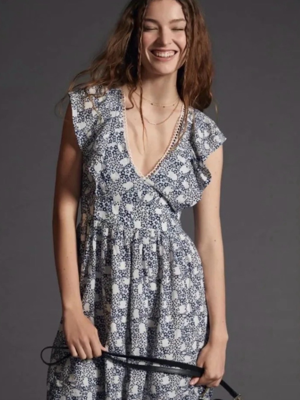 Anthropologie V Neck Plunge Tunic Flutter Sleeves Blue White Floral Mini Dress M